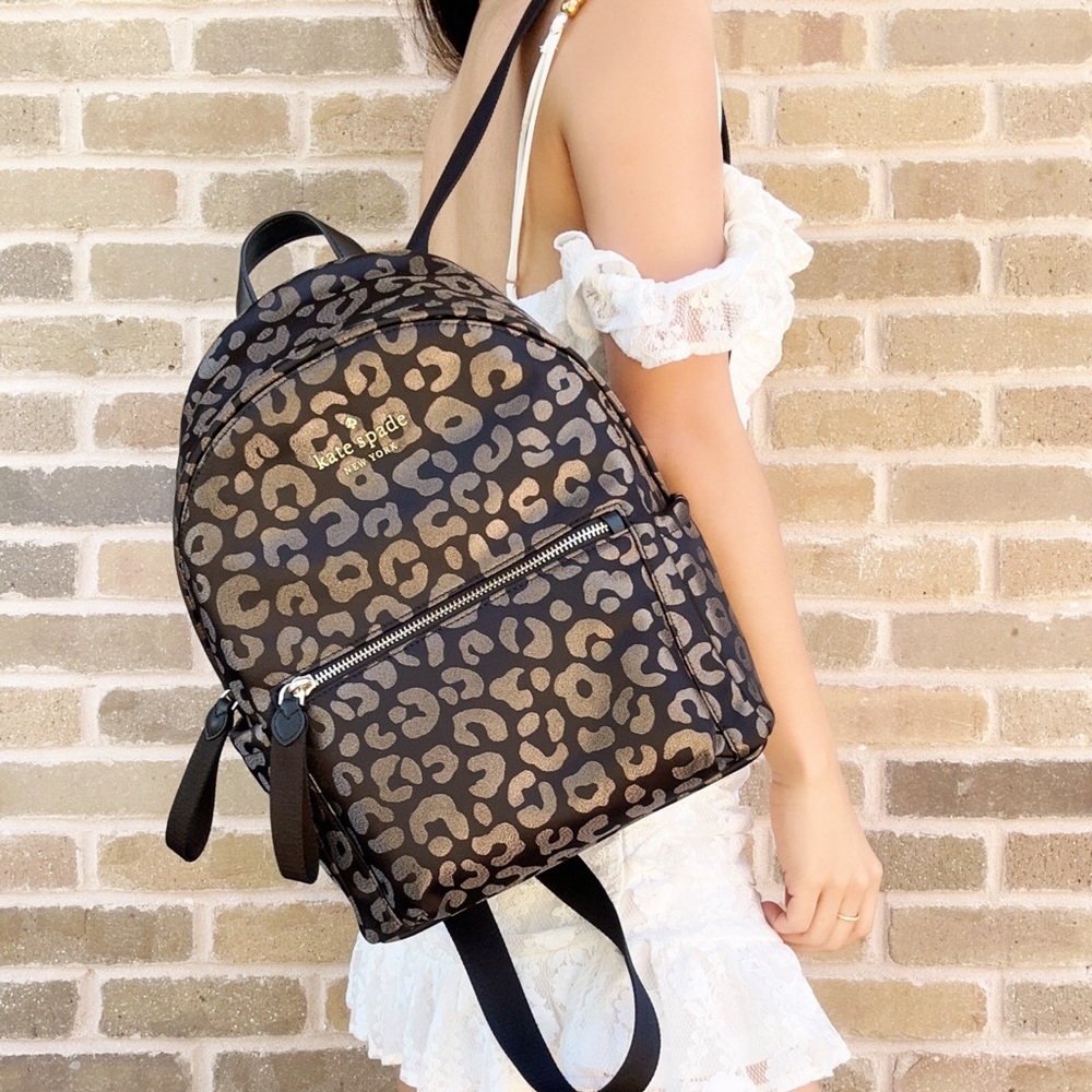 Kate Spade Chelsea Medium The Little Better Nylon Backpack Black Multi Leopard - Picture 1 of 4